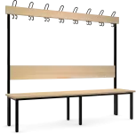 Einseitige Sitzbankgarderobe mit Sitzauflagen, Rückenlehne und Hackenleiste aus Buchenholzleisten, Ausführung ohne Schuhrost